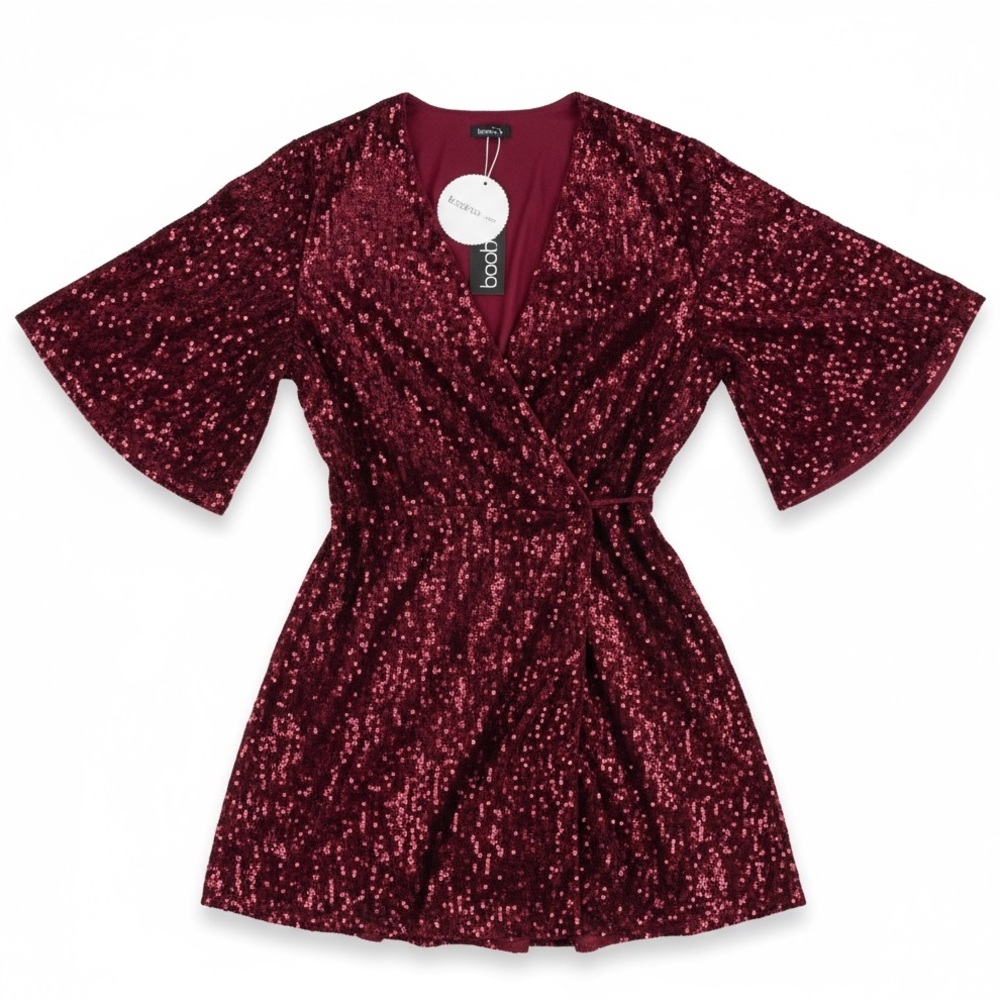Boohoo Dress Sequin Twist Front Sparkly Wine Burgundy Midsize Valentines | 14